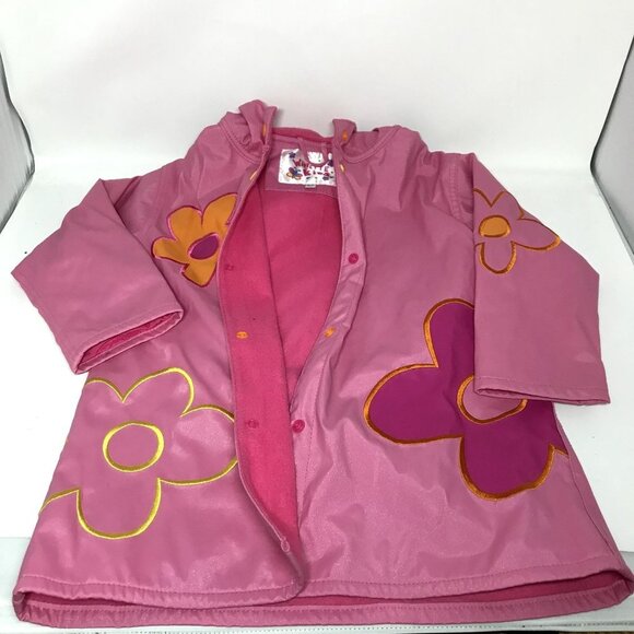 Wippette Kids Pink Flower Power Fleece Lined Rain Coat Jacket Slicker Size 5/6